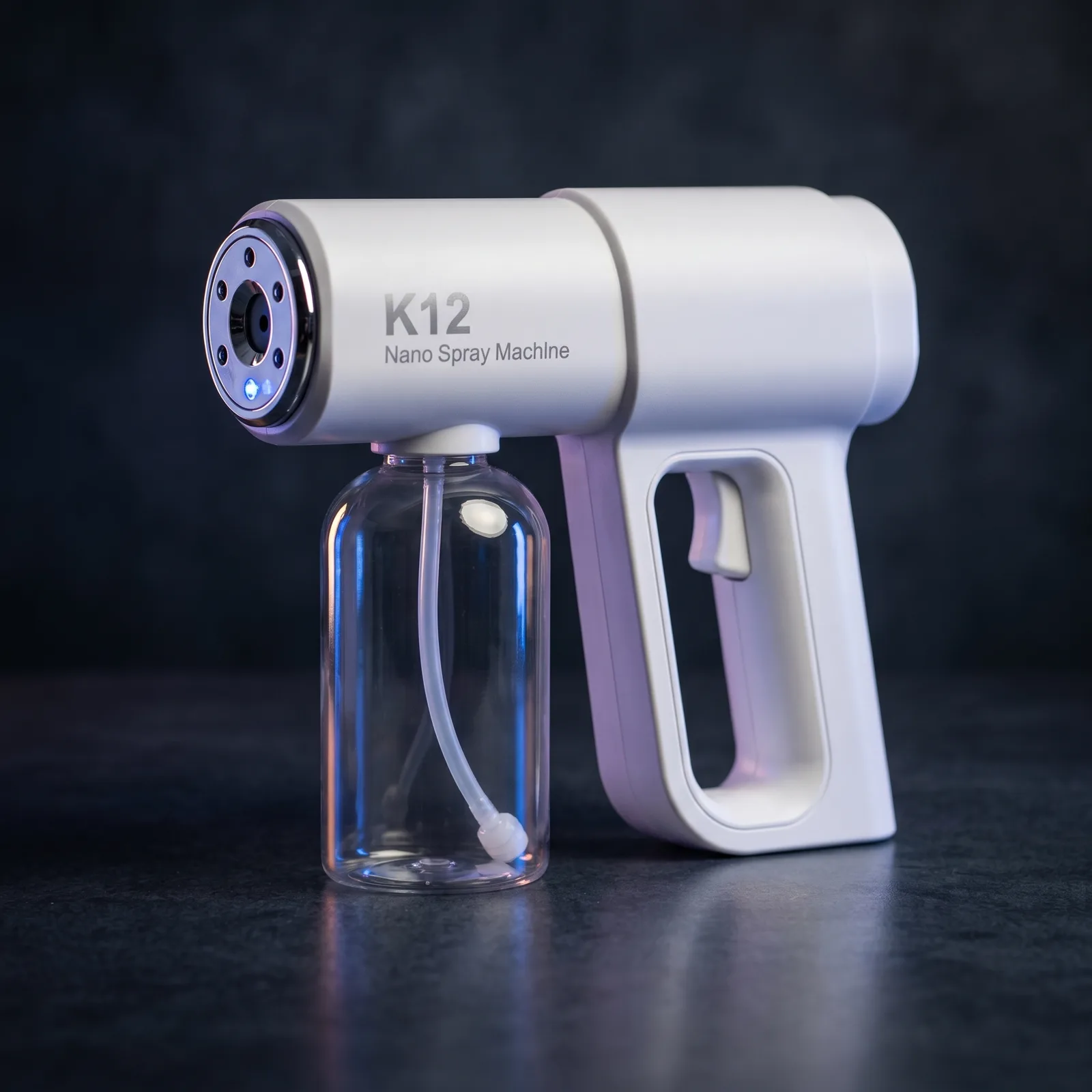 Sanitize nano disinfection spray gun — white ABS split-body, blue-lit atomizing nozzle